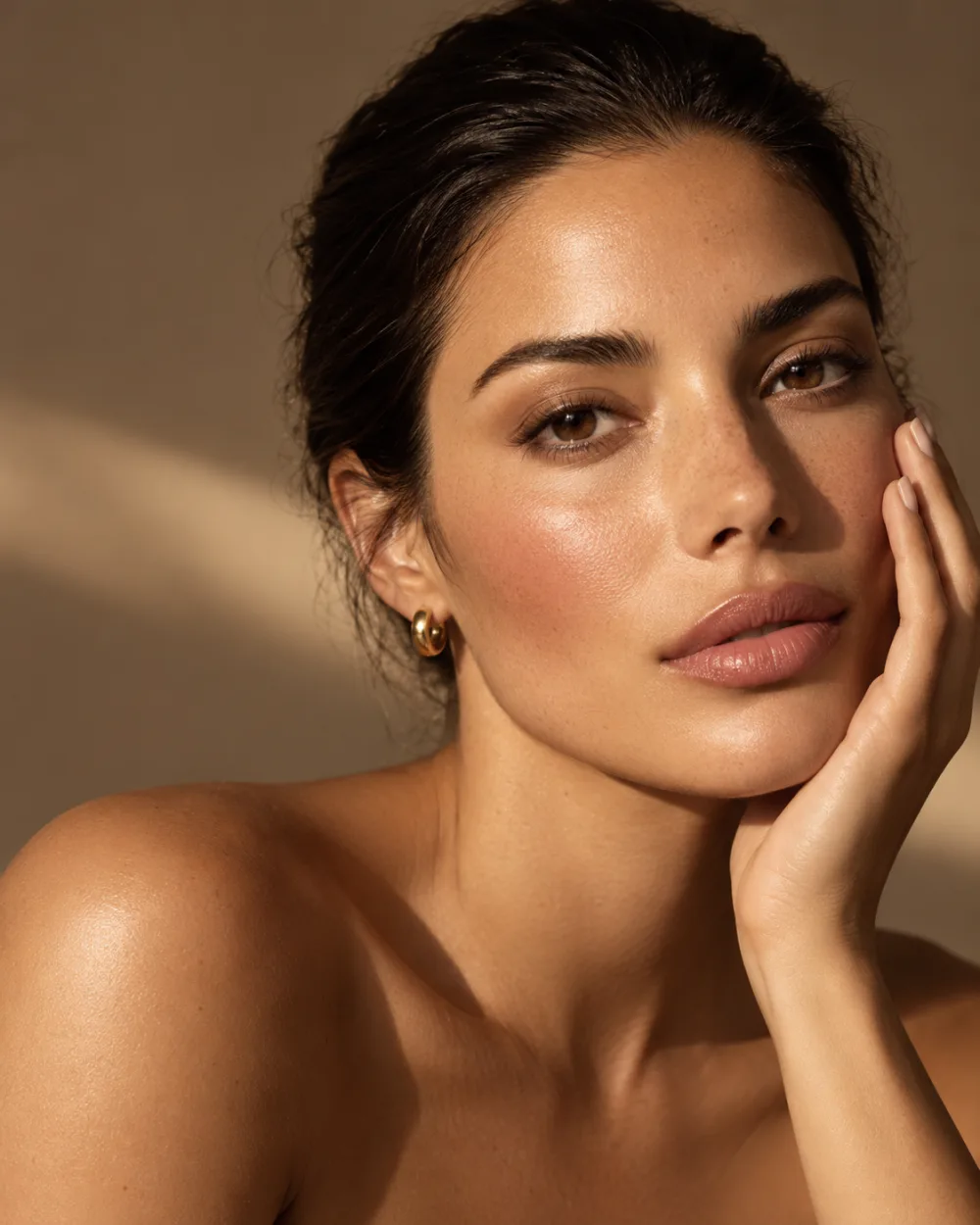 Warmly lit beauty editorial portrait